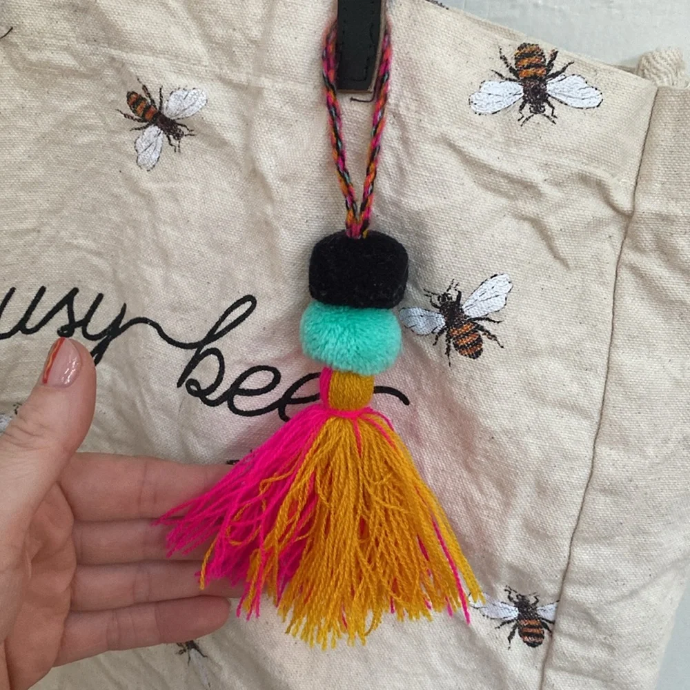 Bee Print Canvas Tote Bag Leather Handles Tassel Charm
